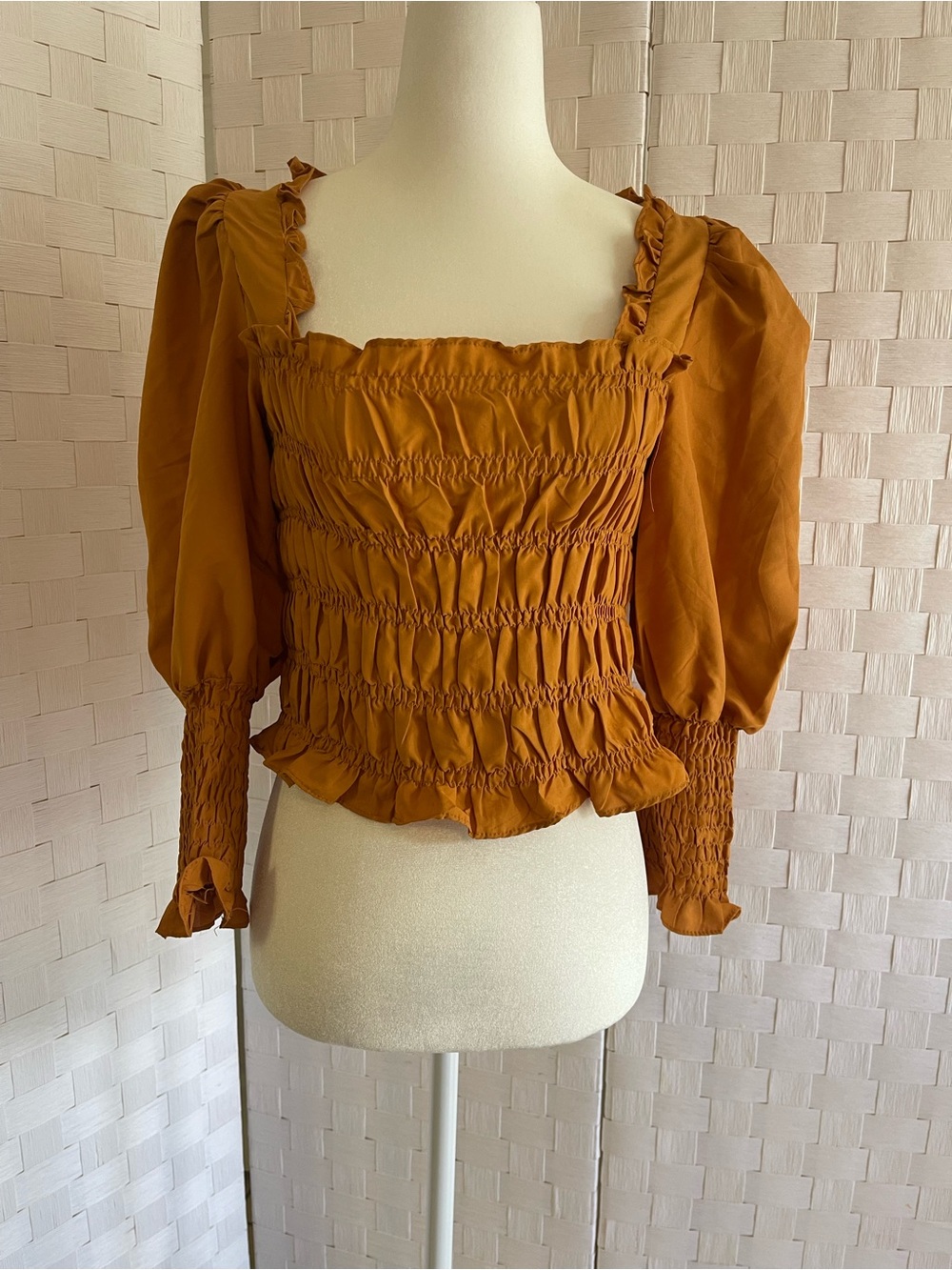 Smocked Square-Neck Blouse in Rust
